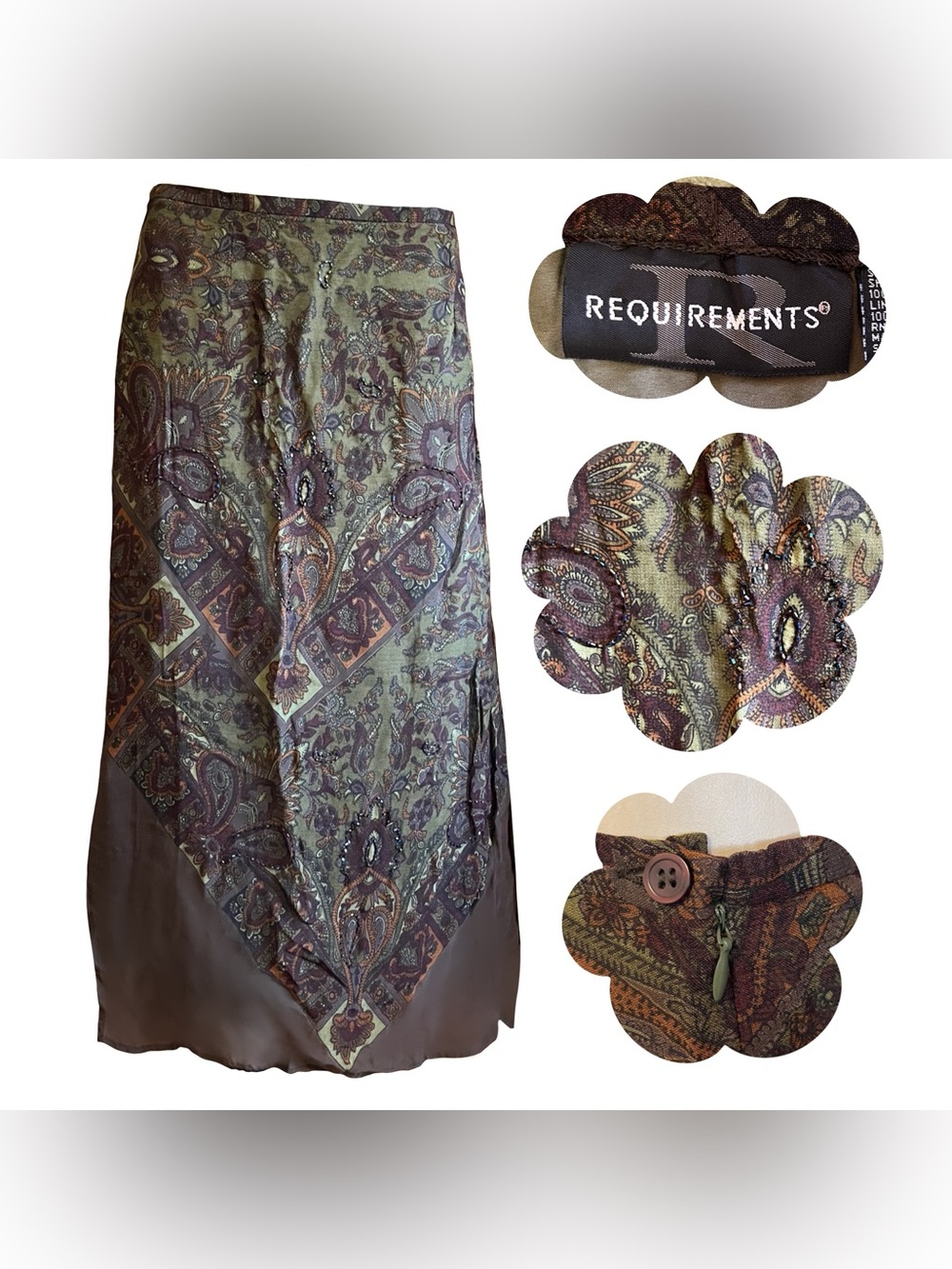 Vintage 90s Beaded Olive and Plum Paisley Maxi Skirt
